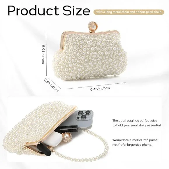 Pearl Clutch Purses for Women Beaded Evening Handbag With Chain for Wedding Part